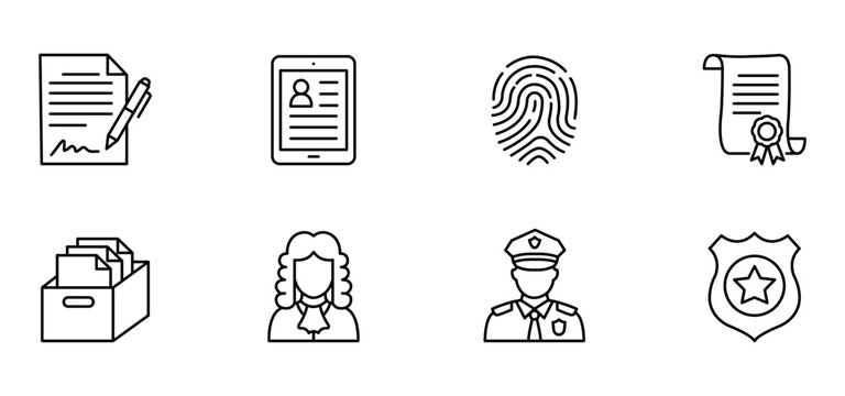 Background icon line outline document file identification background with line outline icon set for document file identification fingerprint certificate folder lawyer police officer badge