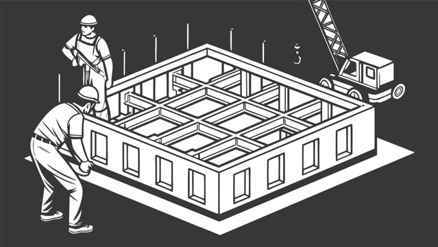 Black and white of construction worker reviewing building foundation layout blueprint