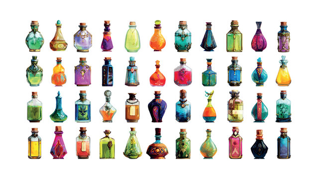 Potion bottle flask cartoon vector set. Magic elixir alchemy glass liquid poison health mana game asset ui icon fantasy witch wizard rpg art isolated on white background