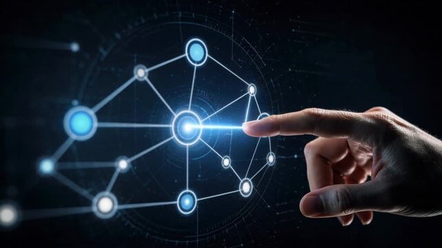 Futuristic digital network interface with human hand interacting with glowing nodes and connections