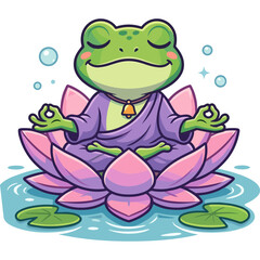 Fototapeta premium A serene frog meditates peacefully on a lotus flower in water.