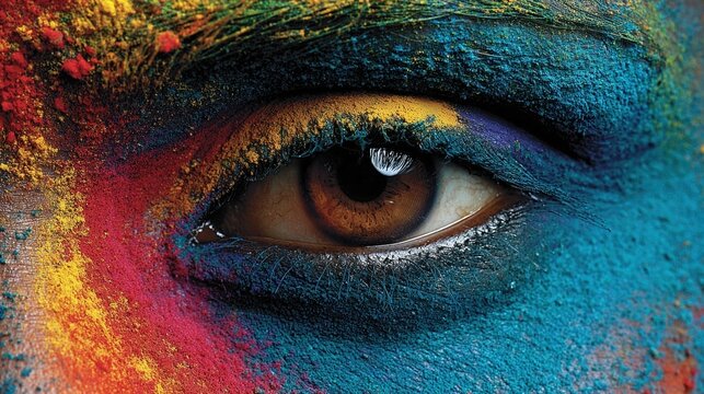 Close up of brown eye with blue and yellow festival powder. Artistic Holi makeup on face. Traditional Indian celebration for Holi Diwali and Navratri