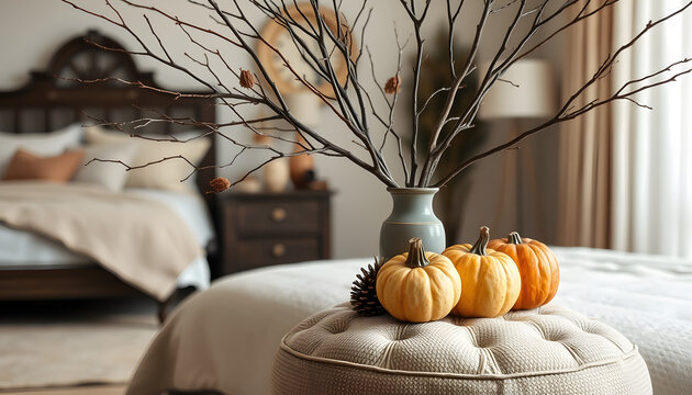 Vase with tree branches, pumpkins and fir cone on pouf in bedroom, angled photoshot. White tone