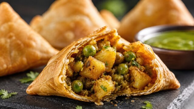 Golden fried Indian samosas filled with spiced potato and peas, served with green chutney and cilantro garnish