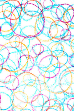 Colour crayon pencil hand drawn circle lines on white background