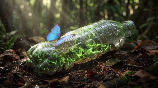 Plastic bottle colonized by glowing moss and fungi on tropical forest floor