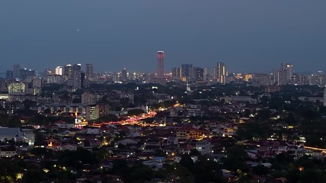 Aerial Drone View of Ayer Itam Town At Dusk