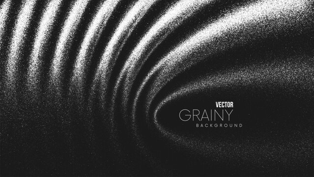 Grainy black and white background with concentric circular waves, glowing highlights and spiral ripples created from thousands of individual dots. Glares create an illusion of depth and optical motion