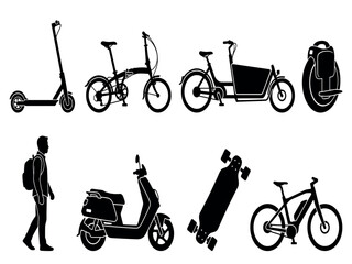 Eco friendly urban transport and personal mobility vector icons set featuring electric scooter folding bicycle cargo bike unicycle electric moped and  © RahianKhan
