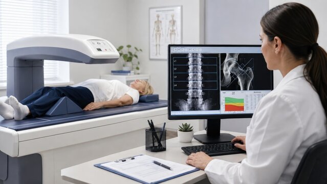 Radiologist reviewing spinal and hip DEXA bone density scans on a monitor while patient lies supine on a scanning table