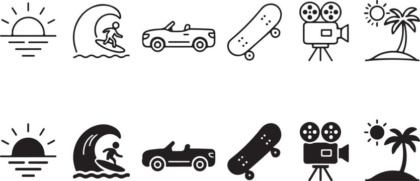 Summer Lifestyle Icons Set Featuring Outline and Solid Glyph Icons of Ocean Sunsets Big Wave Surfers Convertible Cars Skateboards Movie Cameras and Tropical Palm Tree Islands Clean Vector
