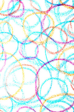Colour crayon pencil hand drawn circle lines on white background