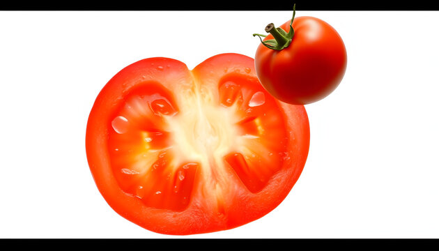 Tomato vegetable isolated on white or transparent background. One cut half of tomato, cinematic. White tone