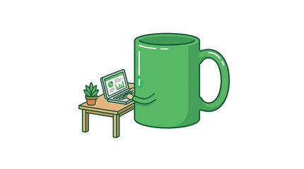 Obraz premium Green mug working on laptop with plant on desk - creative concept