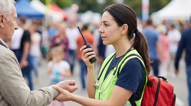 Female first aid volunteer checking the pulse of a senior man at a public event