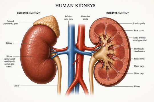 An illustration displays the external and internal anatomy of human kidneys, showing their structure and relation to major blood vessels.