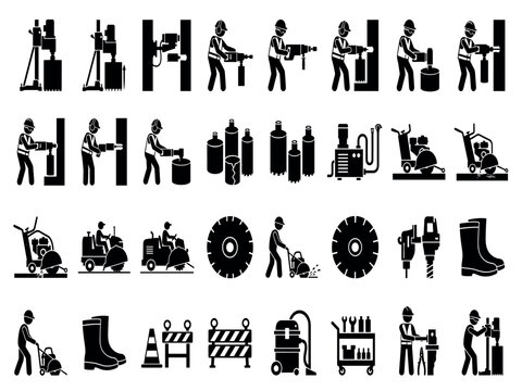 Concrete core drilling and road sawing vector icons set featuring industrial diamond cutters asphalt saws construction workers and drilling equipment symbols