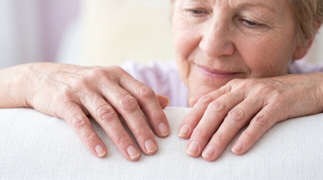 Close-up of elderly woman hands with swollen joints and finger deformity. Senior female patient suffering from arthritis. Chronic joint pain and healthcare concept