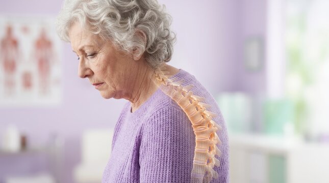 Profile of an elderly woman with a 3D anatomical overlay showing kyphosis spine curvature. Senior female patient illustrating poor posture and osteoporosis. Orthopedic medical health care concept