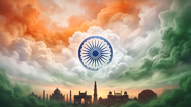 Indian flag colors sky with ashoka chakra and historic monuments