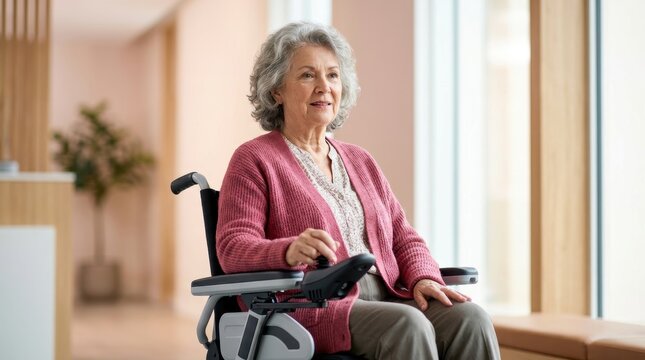 Senior woman in electric wheelchair holding joystick controller. Elderly female patient in modern healthcare facility. Mobility assistance and disabled care concept