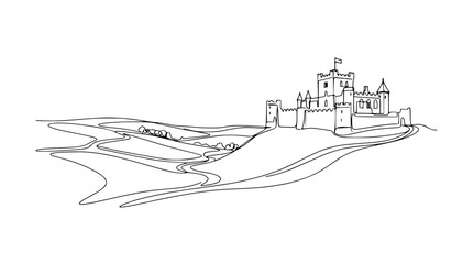 Hand-drawn outline of a medieval castle on a hill with rolling landscape and winding paths © Akun Berkah