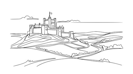 Medieval Castle on Hilltop - Majestic Fortress Landscape Line Art Drawing © Akun Berkah