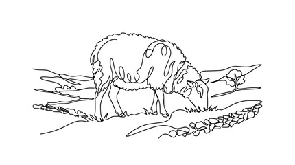 Line Art Sheep Grazing in Rural Landscape with Stone Wall © Akun Berkah