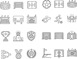 Soccer Football Tournament Icons Set Featuring Outline Line Art Icons of Stadiums Goal Posts Match Scoreboards Referee Whistles Championship Trophies Winners Podiums and Sport Equipment Clean Vector © vectorzking