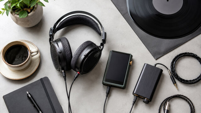 Flatlay audiophile setup with over-ear headphones, portable music player, DAC/amp, vinyl record, cables, coffee, notebook, and plant on a light surface