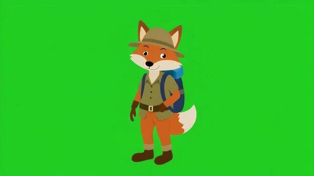 Cute cartoon fox with backpack walking in a loop on green screen background