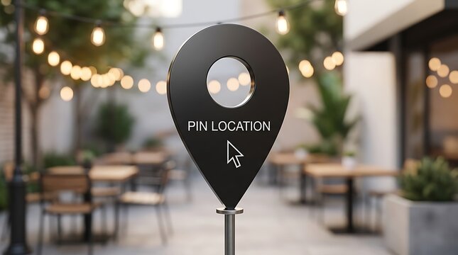 A black location pin with a mouse cursor symbol standing in an outdoor cafe setting with blurred string lights and wooden tables in background