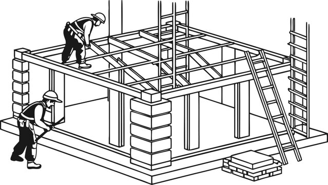 Detailed structural engineering blueprint of a steel column assembly with worker annotations