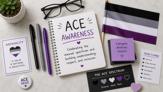 Asexual pride flatlay featuring an Ace Awareness notebook, asexual flag, pins, stationery, educational cards, glasses, and succulent promoting inclusion and respect