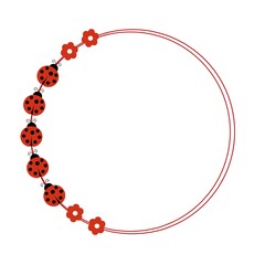 Naklejka premium Creative circular red frame decorated with cute ladybugs and small flowers. 