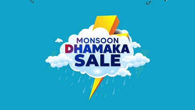 Motion animation video footage of a rainy cloud background with a monsoon dhamaka sale promotional logo.