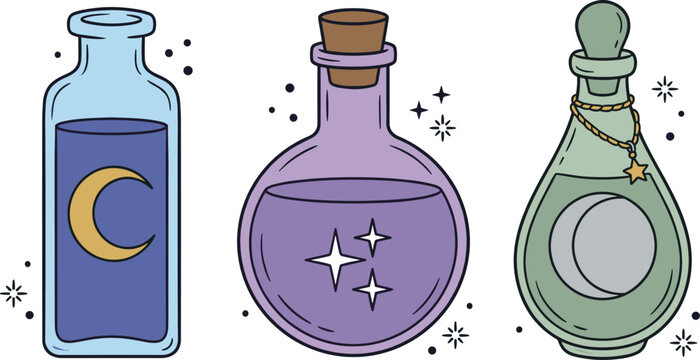 Magical Potion Bottle Collection with Moon Elixir, Sparkling Magic Flask, Mystic Glass Vials, Fantasy Alchemy Containers, and Witchcraft Vector Illustration Set