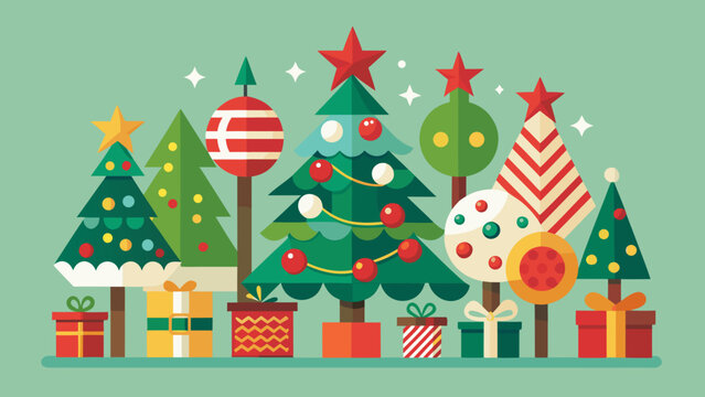 Flat vector christmas trees illustration with festive ornaments and wrapped gift boxes christmas presents ornaments illustration celebration decoration celebrate background colorful