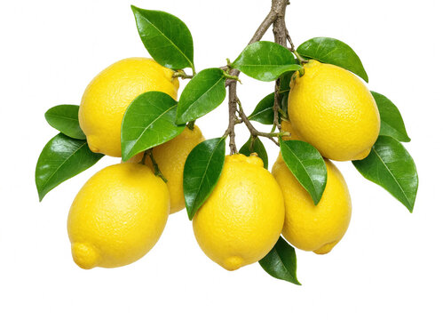 Lemons on a tree branch with green leaves isolated on white background
