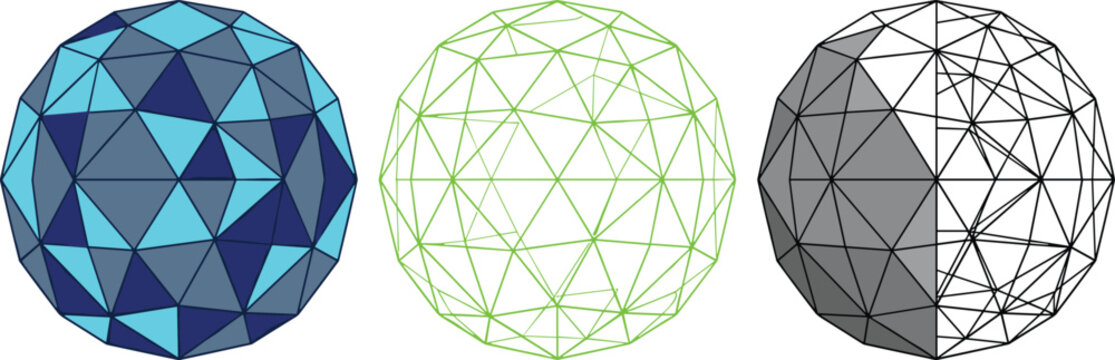 Low Poly Geometric Sphere Collection with Wireframe Globe, Triangular Mesh, Abstract Polygon Shapes, and Modern 3D Technology Vector Elements
