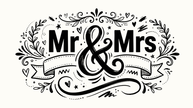 Wedding couple logo with Mr and Mrs on ribbon banner