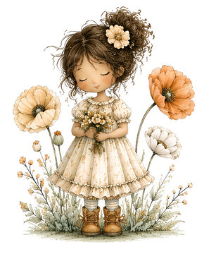 Cute dark-haired girl with a bouquet of wildflowers - vintage watercolor floral illustration of a child