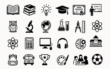Collection of black flat icons representing education science and recreation learning research technology school university © Apai