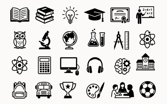 Collection of black flat icons representing education science and recreation learning research technology school university