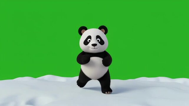Cute panda walking and dancing in snow during winter on green screen background
