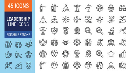 Leadership line icon set with editable stroke featuring corporate guidance business mentorship and company growth symbols © MSTJAKIA