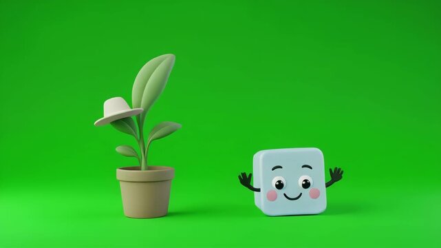 Cute plant and cube character dancing happily on green screen background in cinematic motion