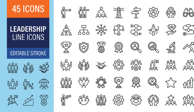 Leadership line icon set with editable stroke featuring corporate guidance business mentorship and company growth symbols