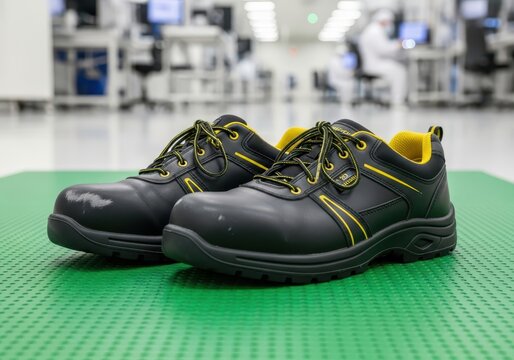 Pair of Black and Yellow Industrial Safety Shoes on Green Mat in a Modern High-Tech Manufacturing Laboratory Setting