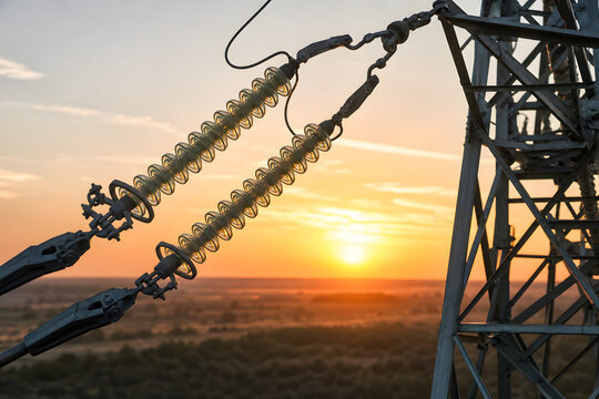 High voltage insulators on transmission tower at sunset